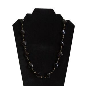 Vintage Shiny Black Faux Stone Beaded Gold Toned Links Single Strand Necklace